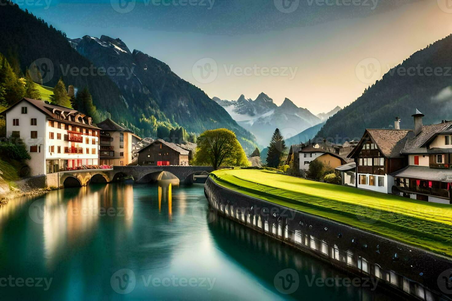 a river runs through a town in the mountains. AI-Generated photo