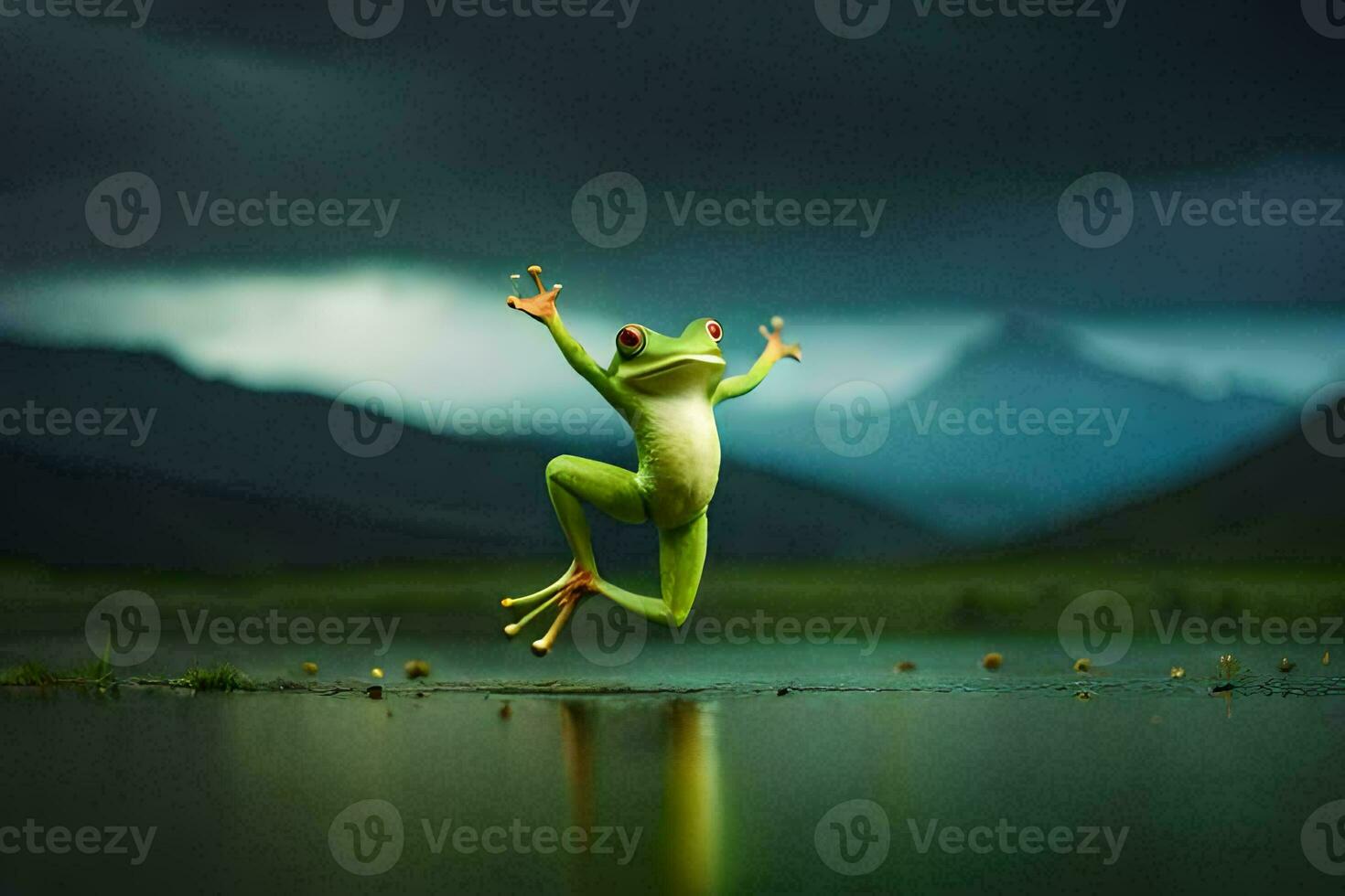 a frog jumping in the air on a lake. AI-Generated photo