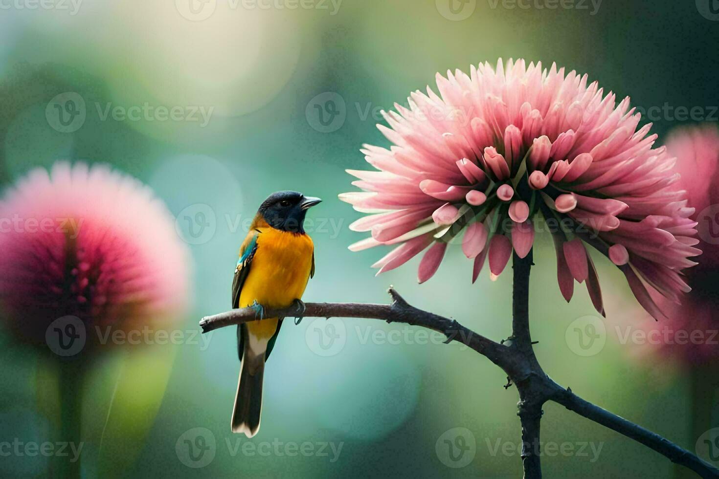 a bird is perched on a pink flower. AI-Generated photo