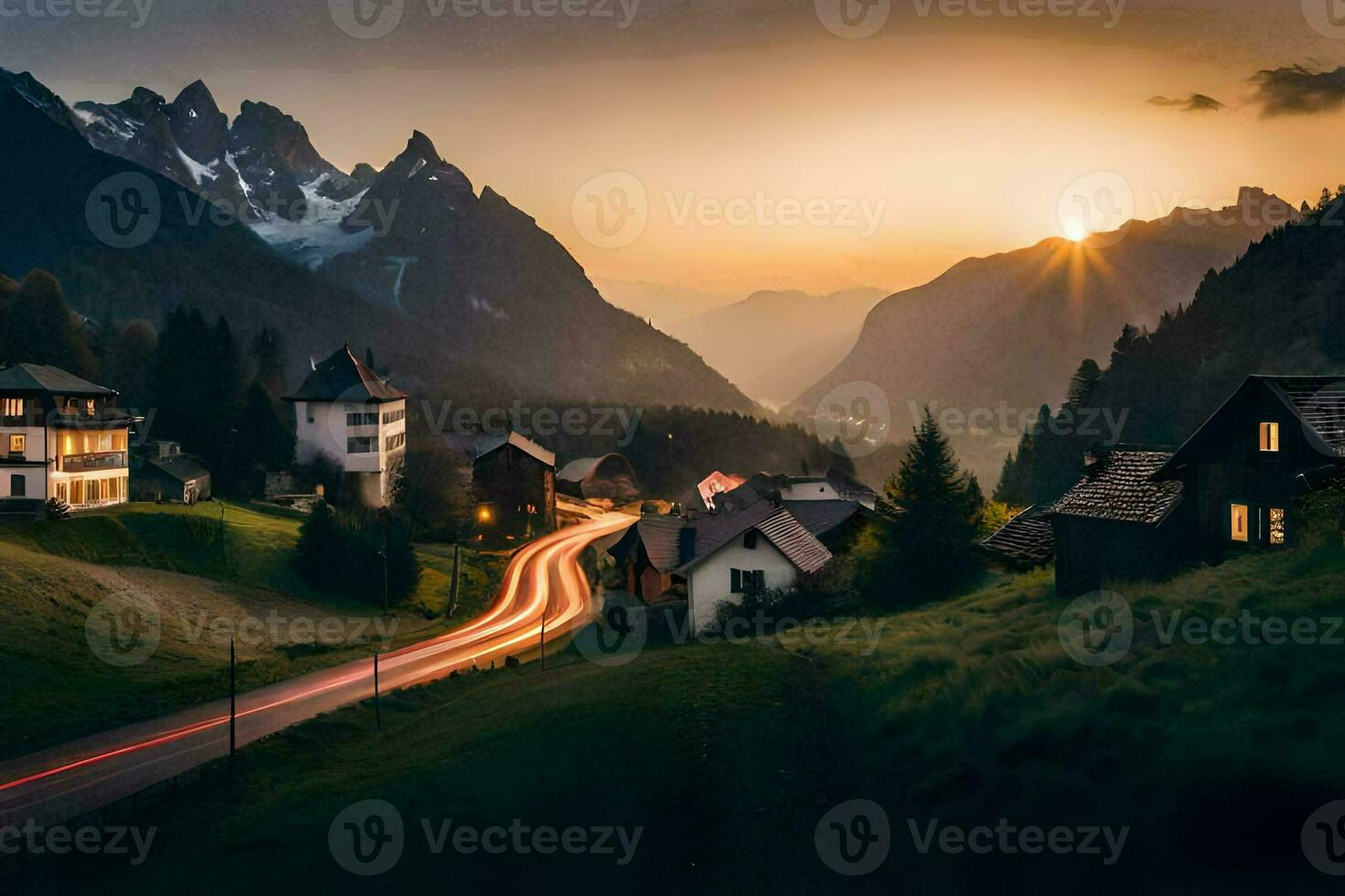 a village in the mountains at sunset. AI-Generated photo