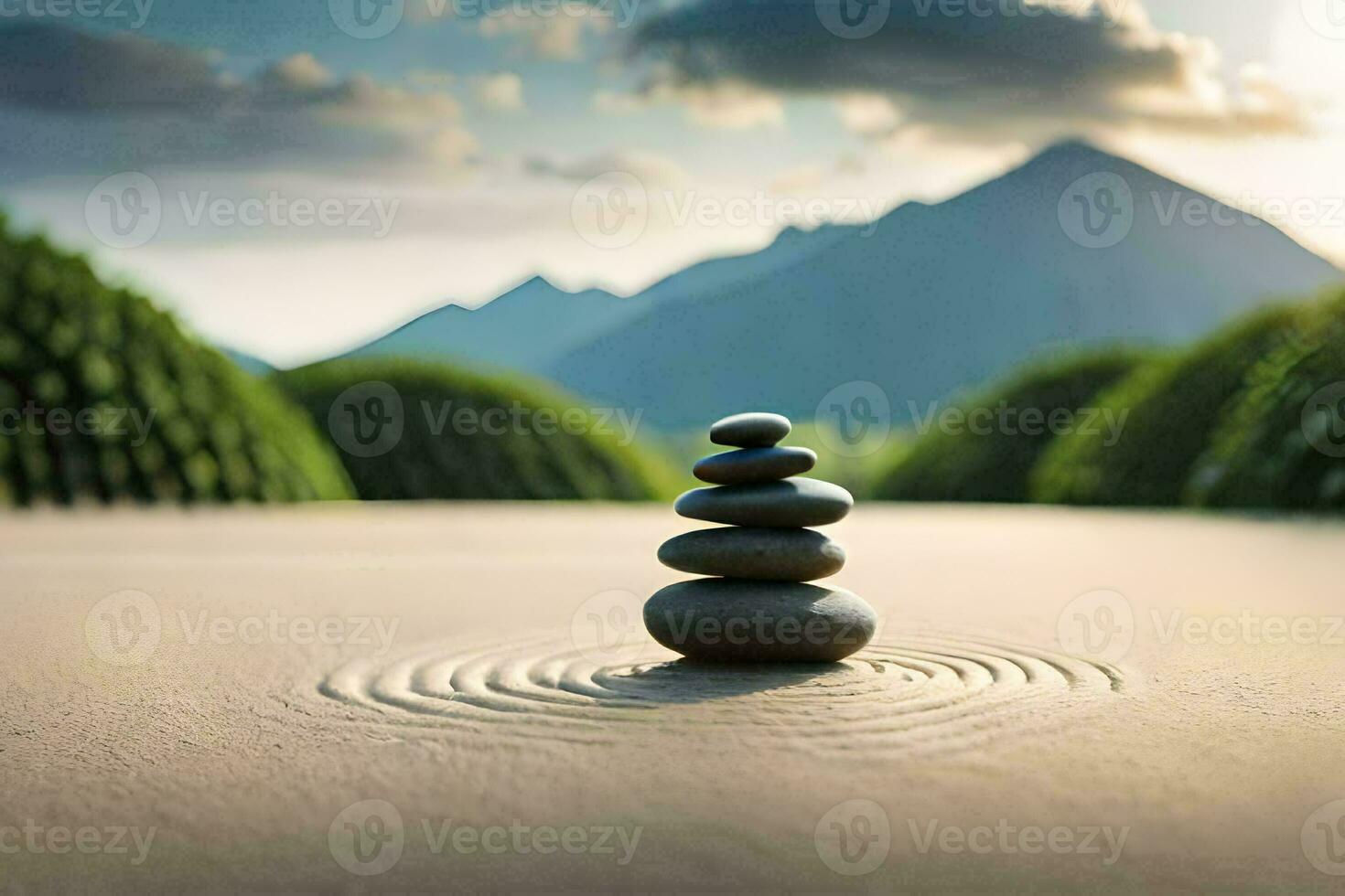 a stack of stones in front of a mountain. AI-Generated photo