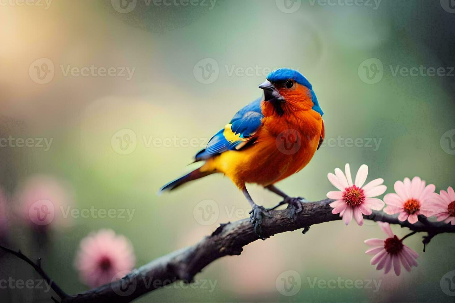 a colorful bird sits on a branch with pink flowers. AI-Generated photo