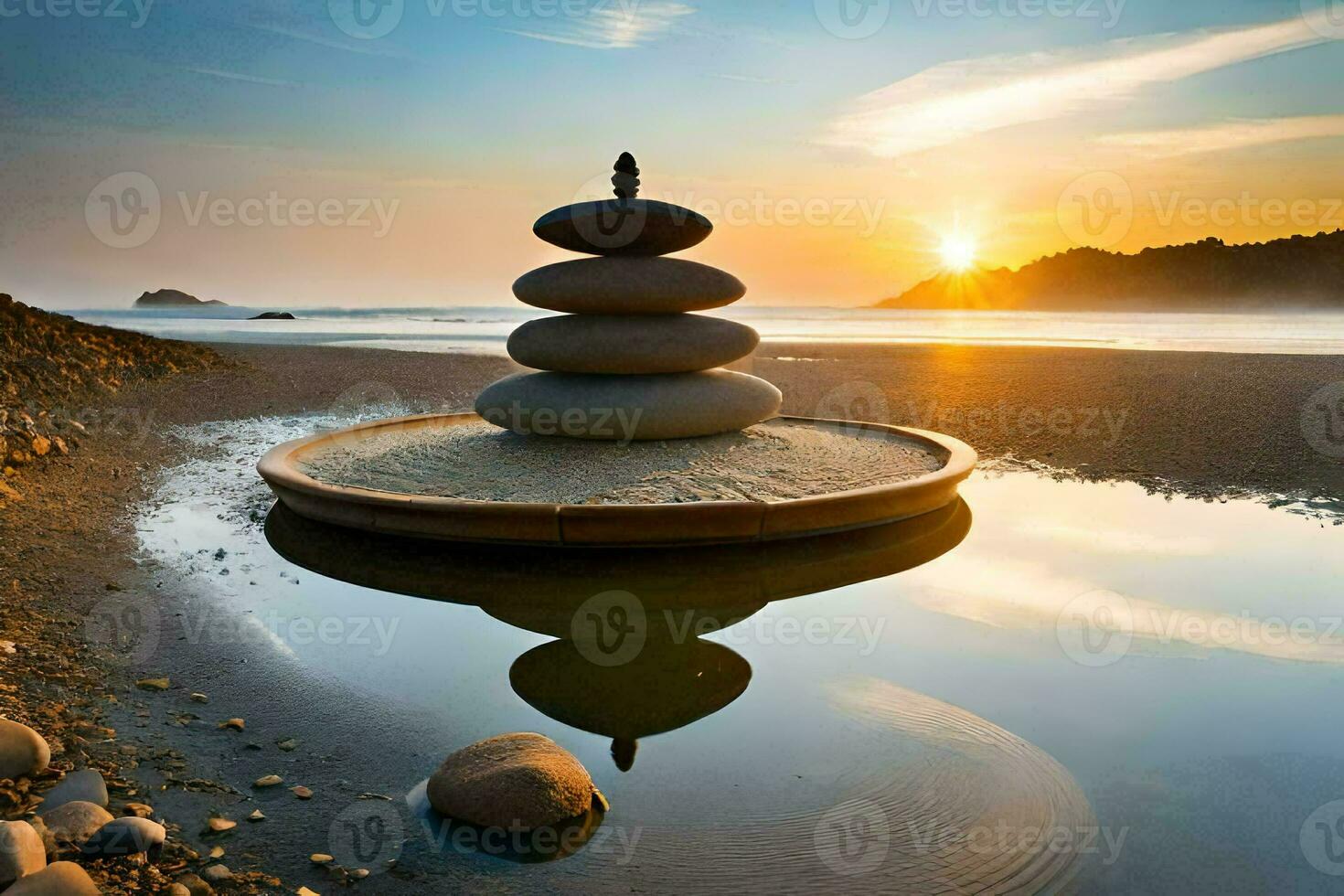 a stack of stones on a beach at sunset. AI-Generated photo