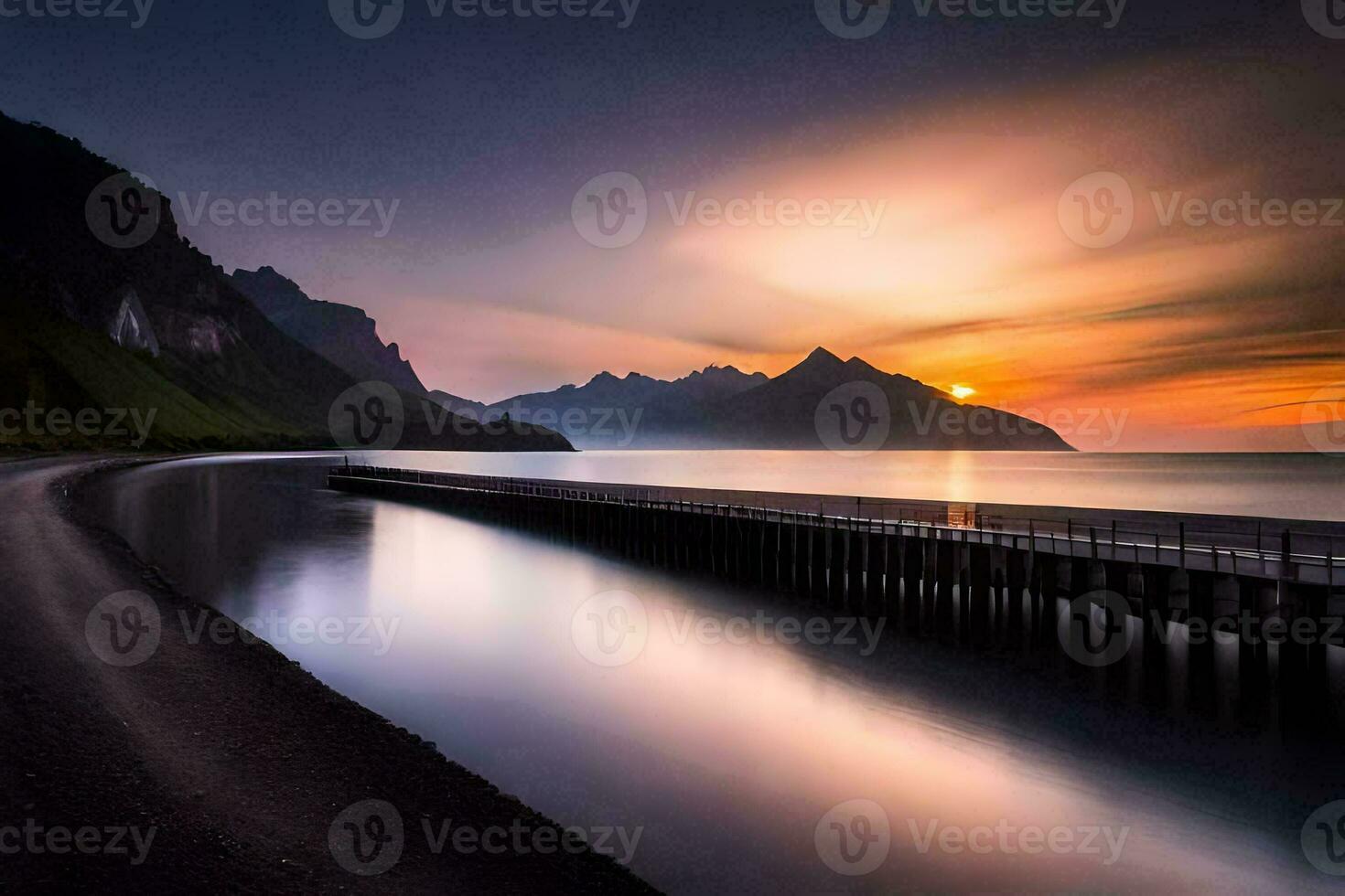 a pier at sunset in the mountains. AI-Generated photo
