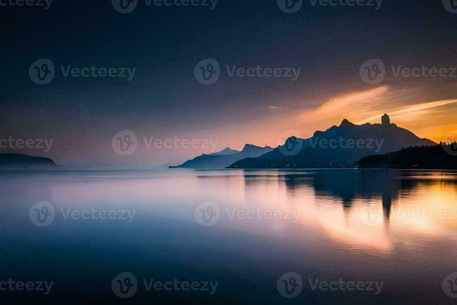 the sun sets over a mountain range and a lake. AI-Generated photo