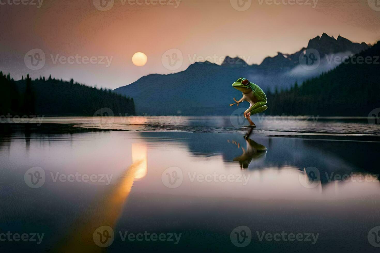 a man is standing on the edge of a lake with a full moon in the background. AI-Generated photo