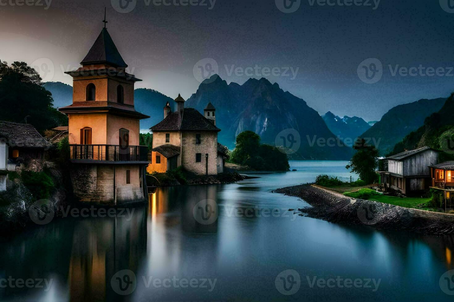 a small town sits on the side of a river. AI-Generated photo