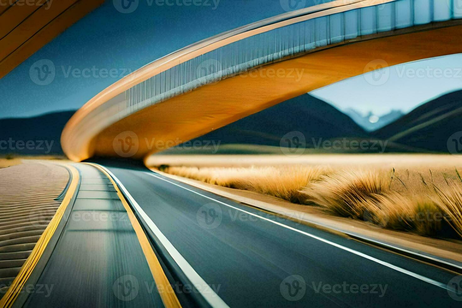 a long exposure photograph of a bridge over a road. AI-Generated photo