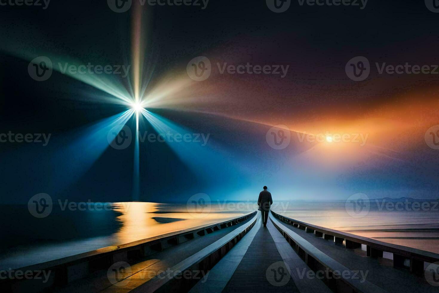 a man standing on a pier looking at the light from the sky. AI-Generated photo