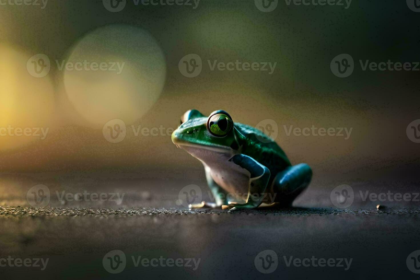 a frog sitting on the ground with a blurry background. AI-Generated photo