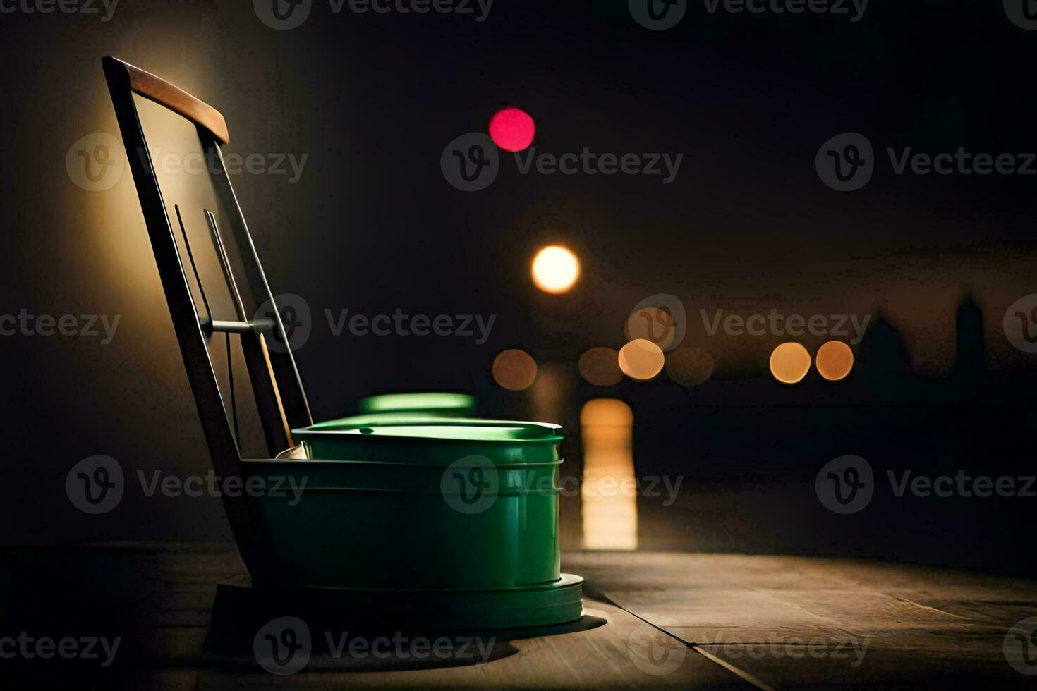 a chair with a green bucket on the floor. AI-Generated photo