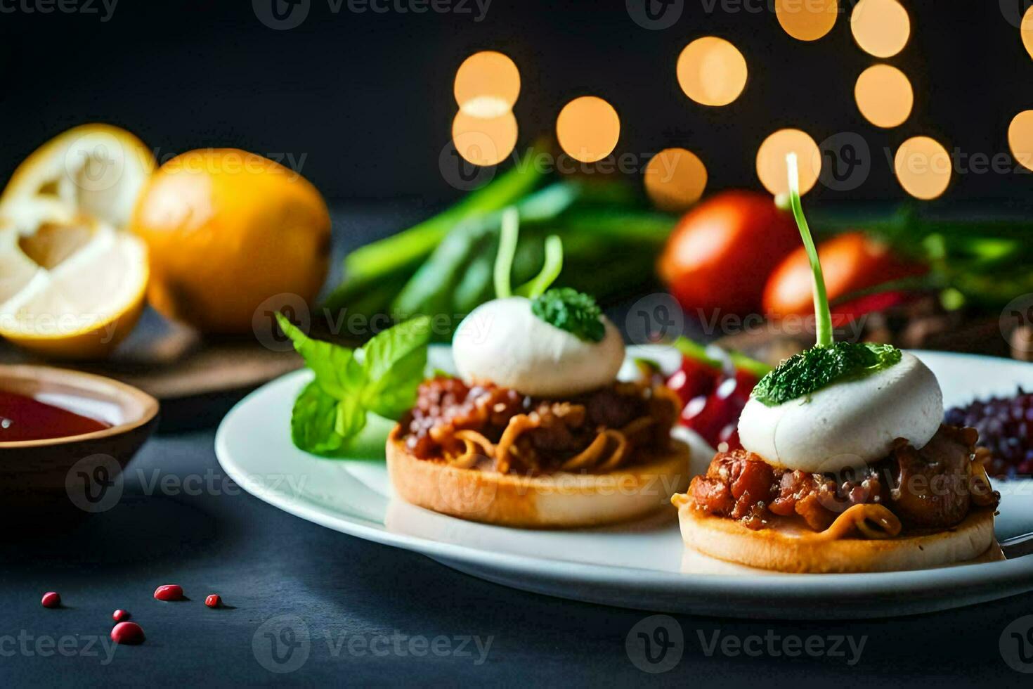 two small plates with food on them and a bottle of wine. AI-Generated photo