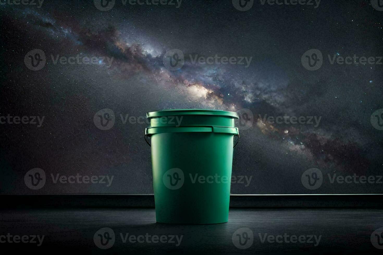 a green trash can sits in front of a milky sky. AI-Generated photo