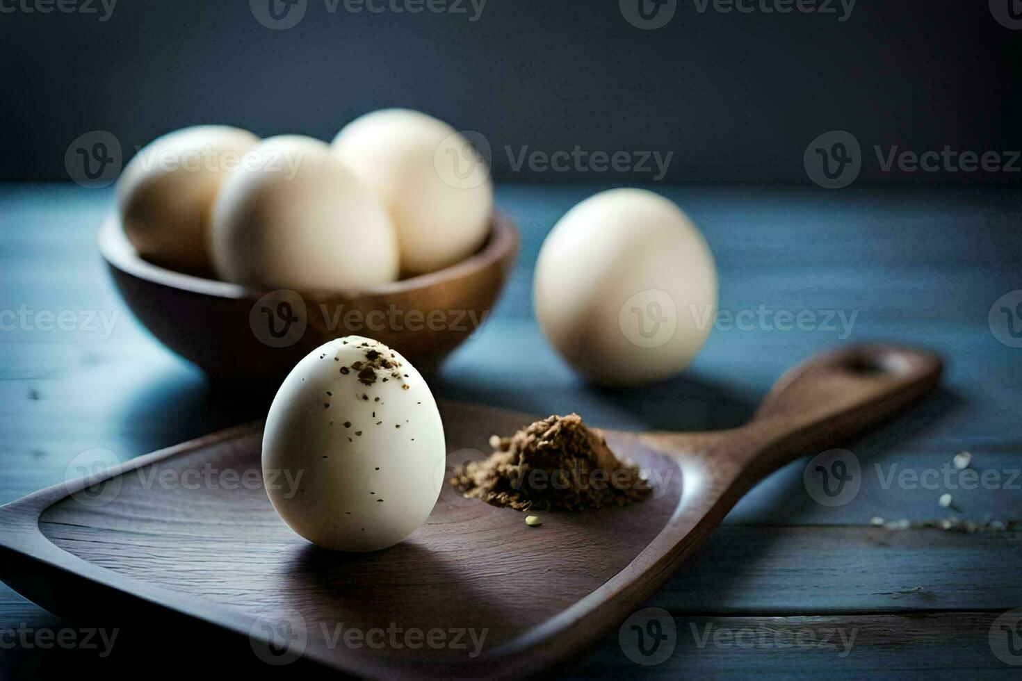 eggs on a wooden board with spices. AI-Generated photo