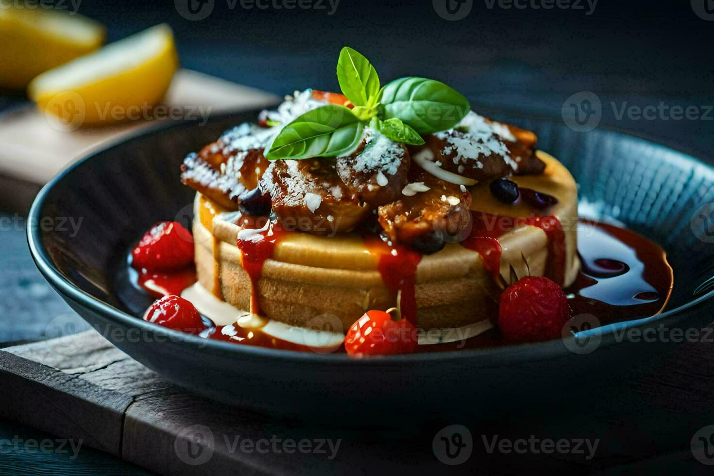 a plate with a dessert and a lemon. AI-Generated photo