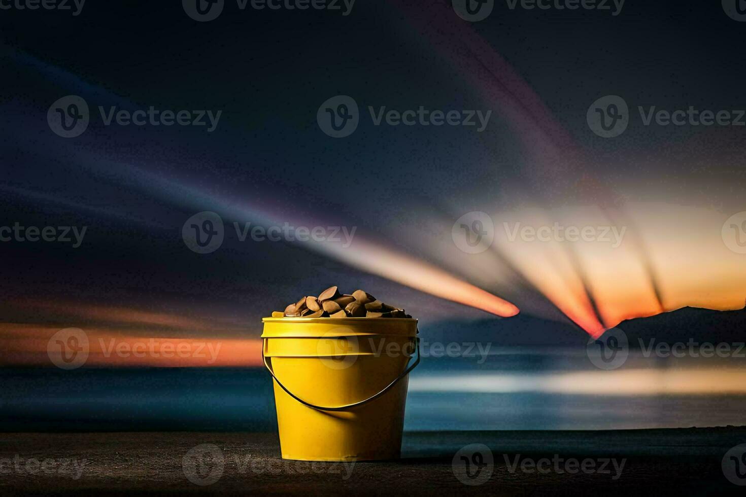 a bucket of nuts on a table in front of a sunset. AI-Generated photo