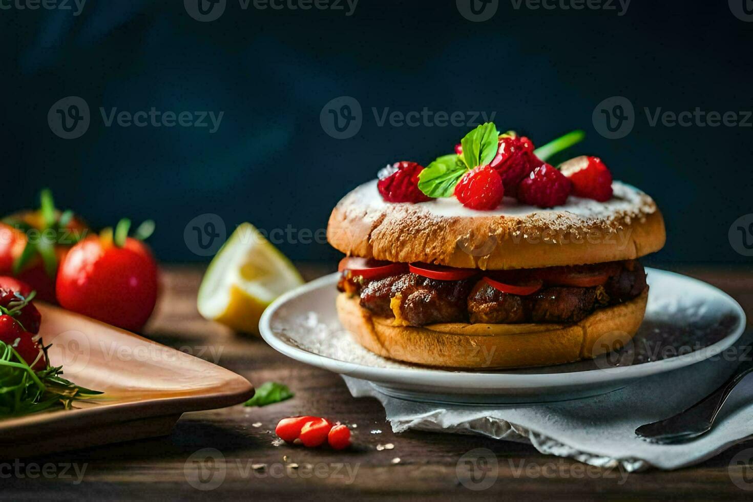 a hamburger with strawberries and lemon on a plate. AI-Generated photo