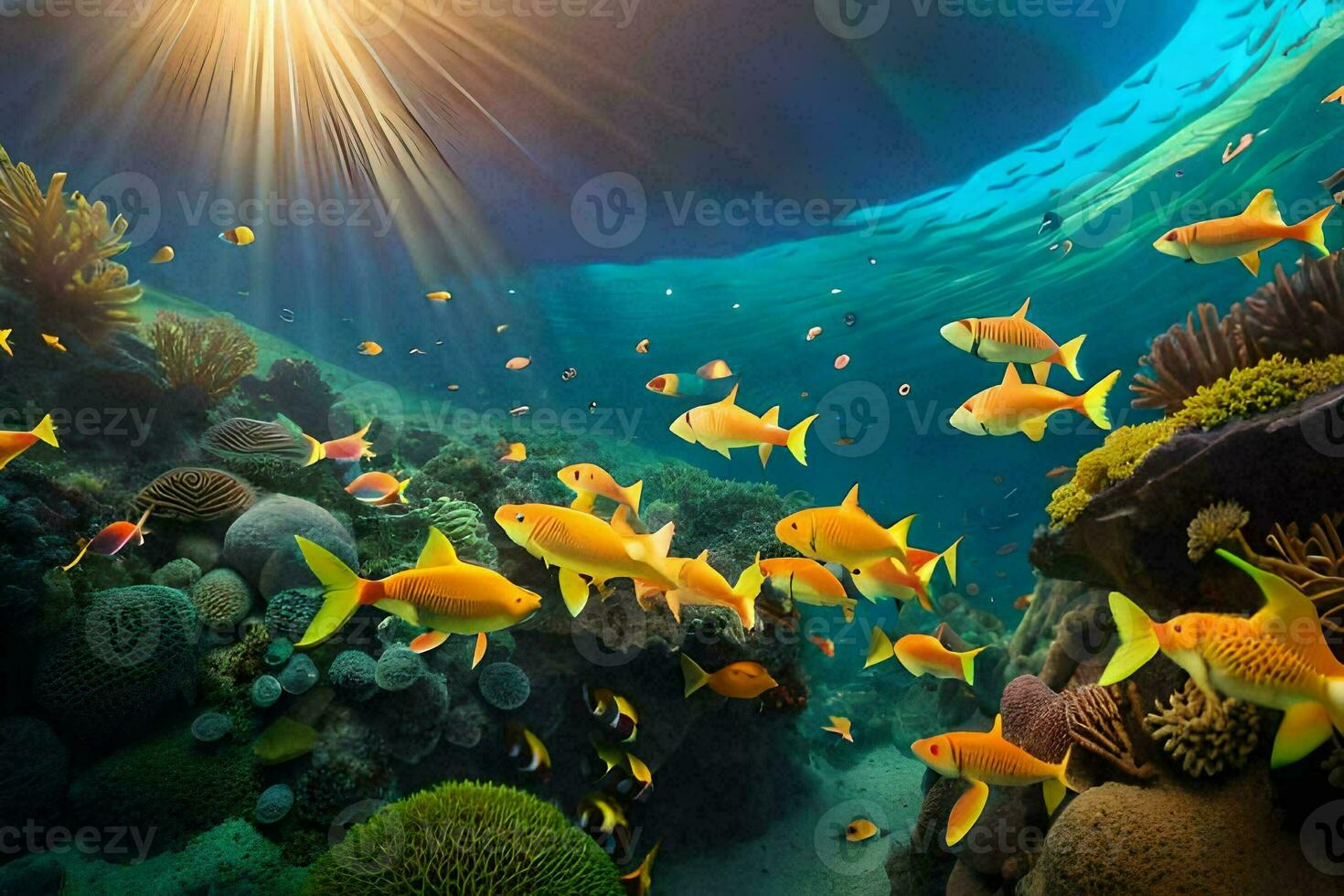 the sun shines over a coral reef with many fish. AI-Generated photo