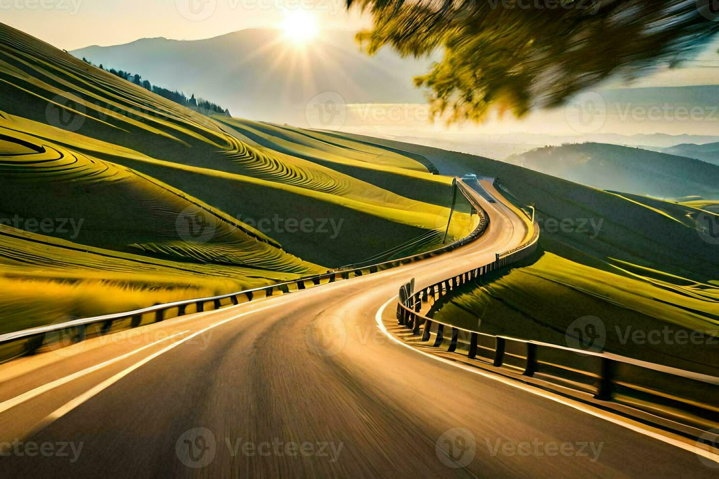 a winding road in the mountains with the sun setting. AI-Generated photo