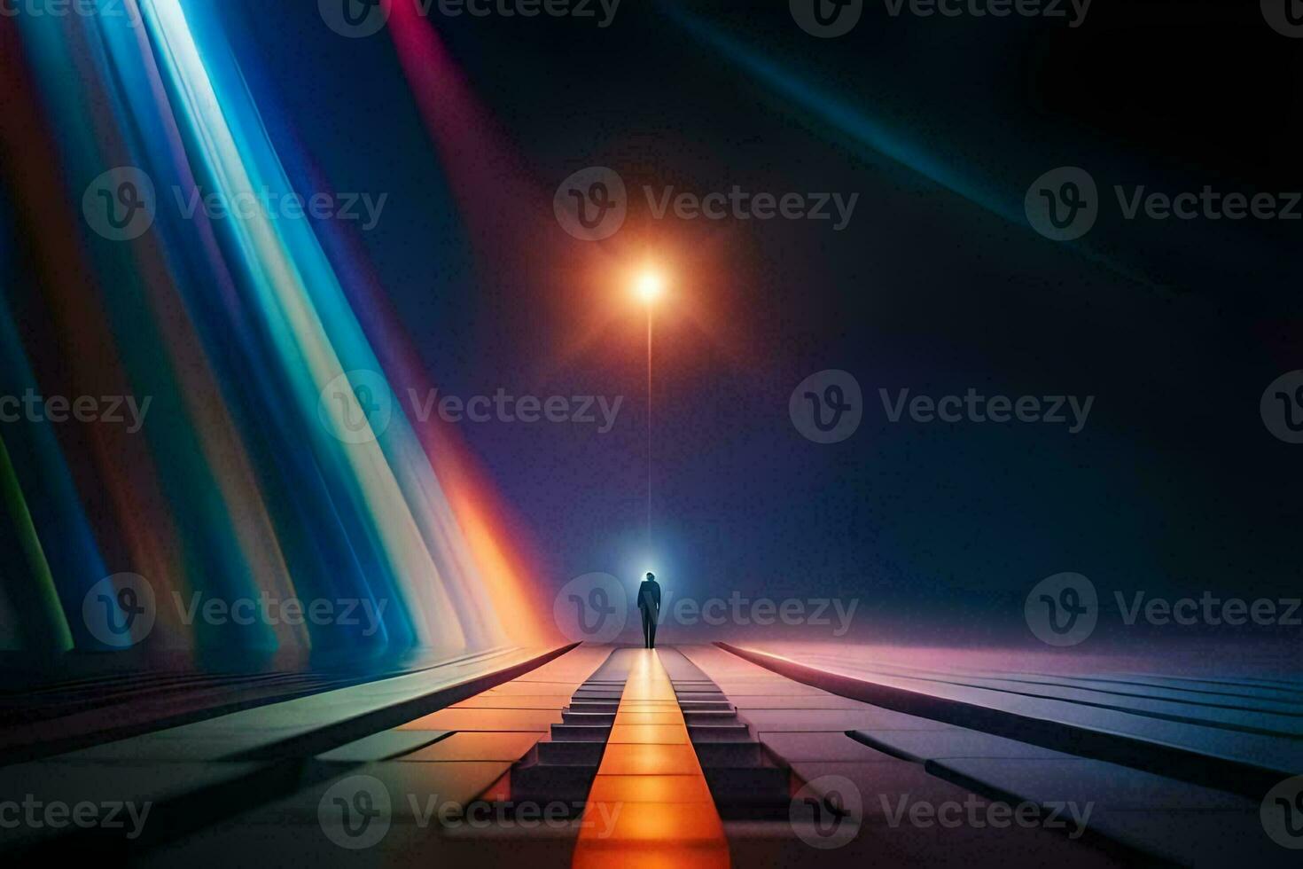 a man standing in the middle of a dark road with a light shining in the distance. AI-Generated photo