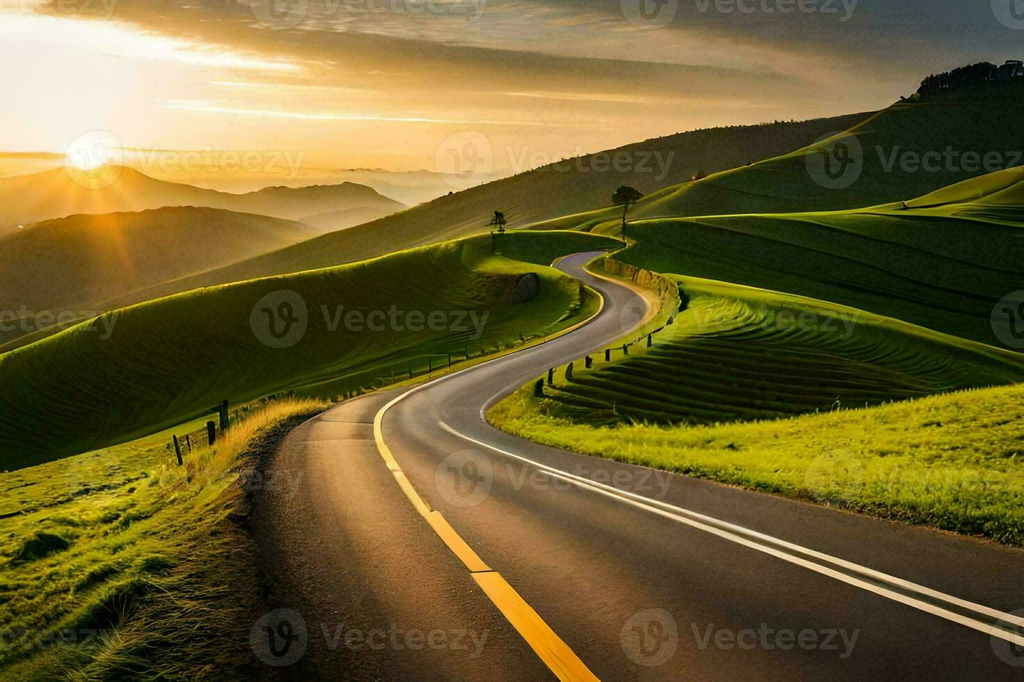 a winding road in the mountains at sunset. AI-Generated photo