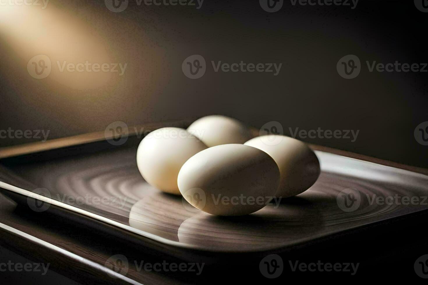 four eggs on a plate in a dark room. AI-Generated photo