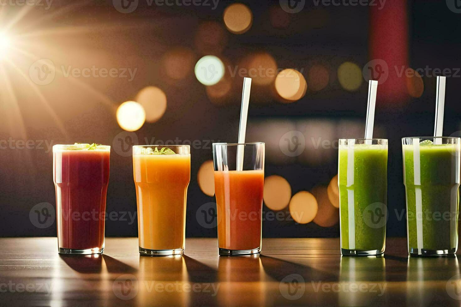 a row of different juices on a table. AI-Generated photo