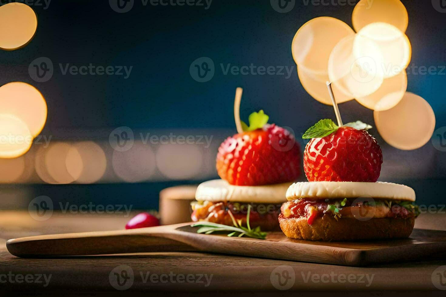 two strawberry sandwiches on a wooden board with lights in the background. AI-Generated photo