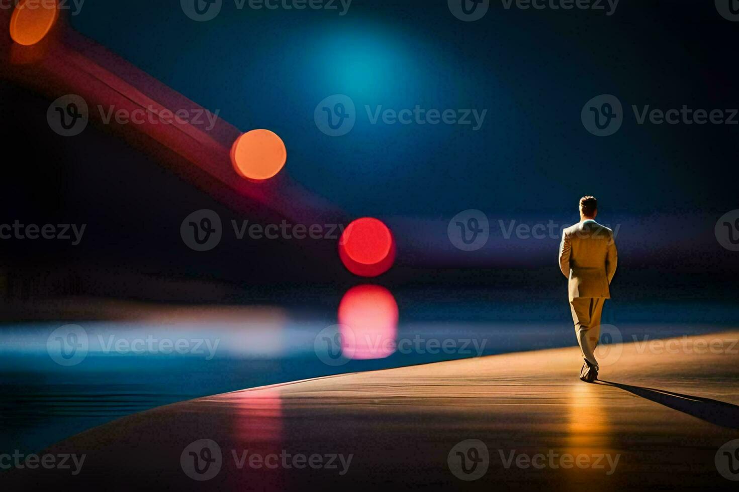 a man in a suit walks along a beach at night. AI-Generated photo