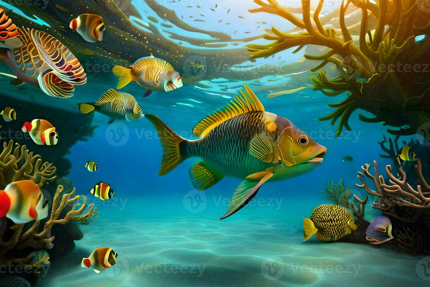 fish swimming in the ocean with coral reefs and other fish. AI-Generated photo