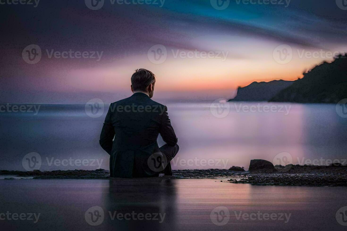 a man in a suit sits on the beach at sunset. AI-Generated photo