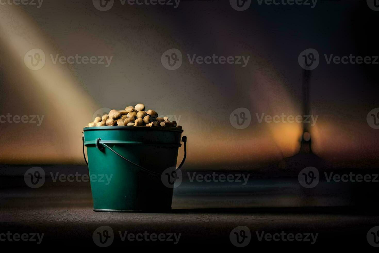 a bucket of peanuts on a table in front of a city skyline. AI-Generated photo