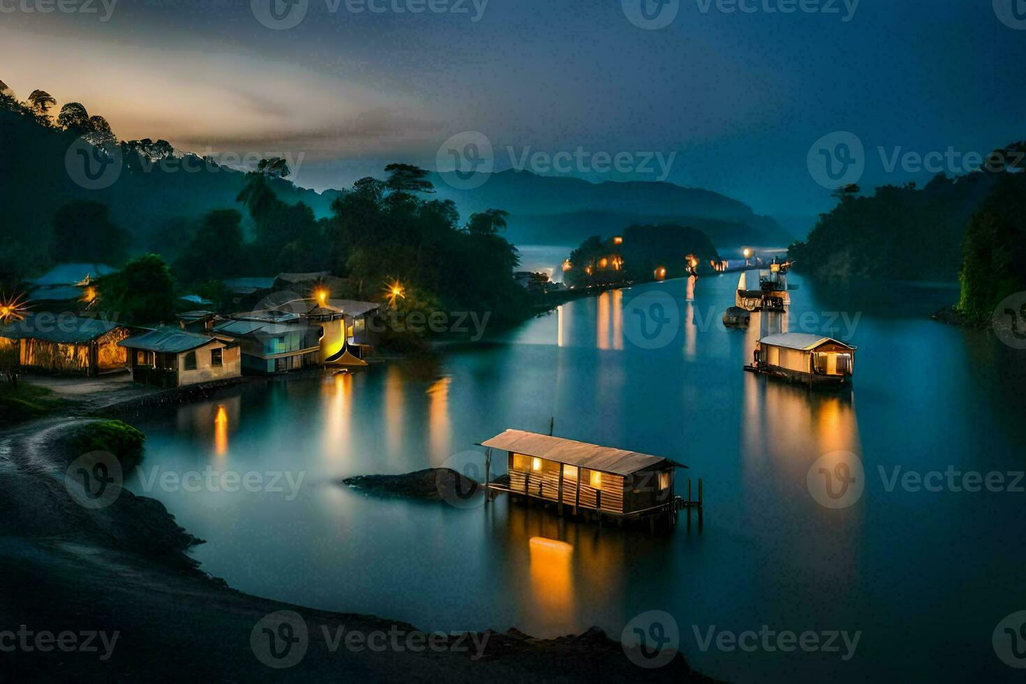 boats on the water at night in a village. AI-Generated photo