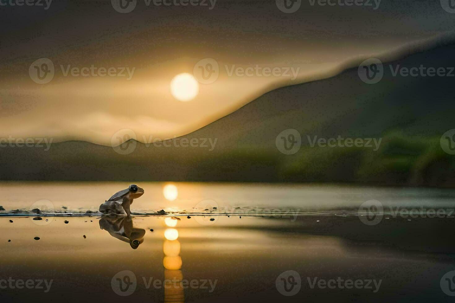 a frog is standing on the shore of a lake at sunset. AI-Generated photo