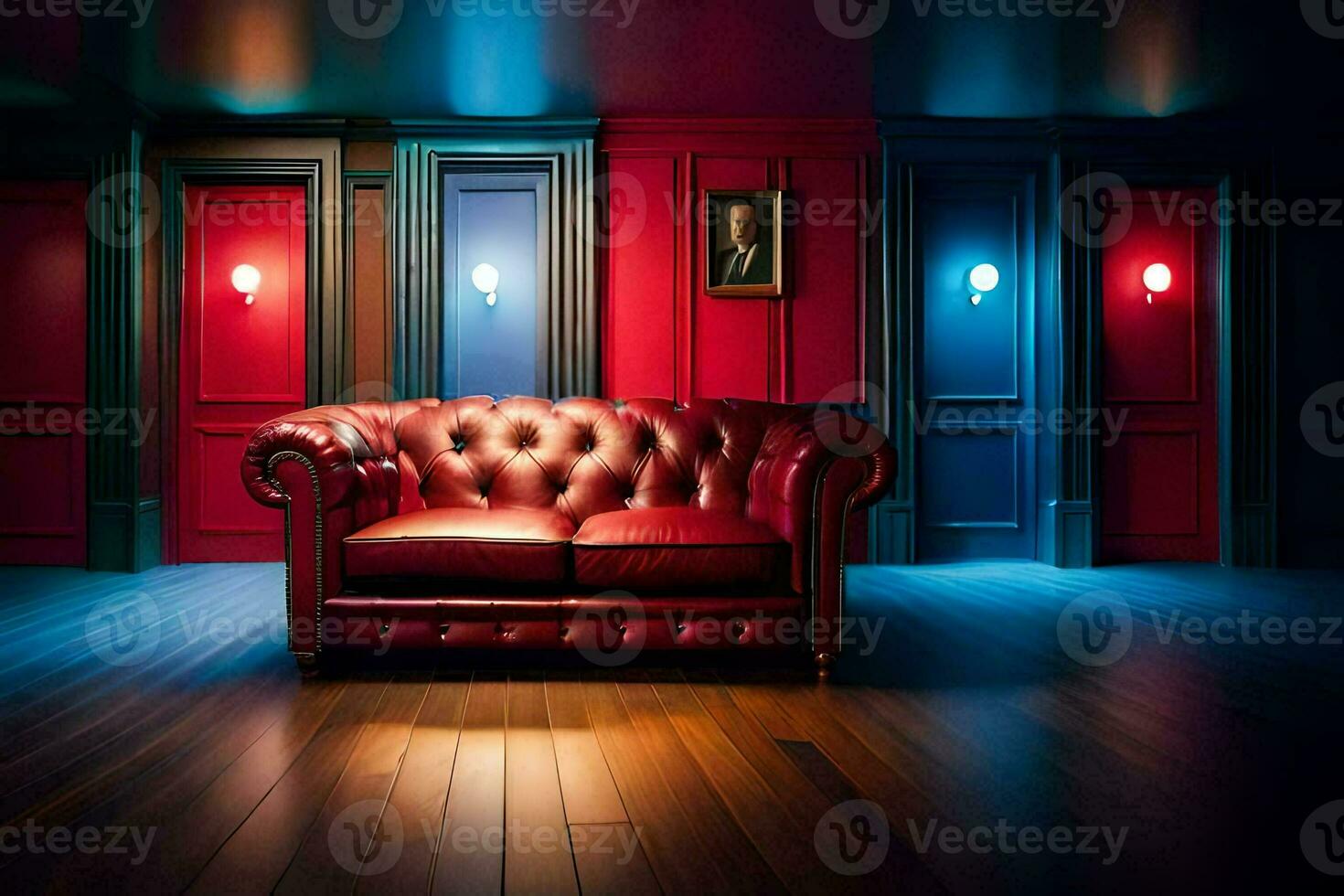 a red leather couch in a room with blue walls. AI-Generated photo