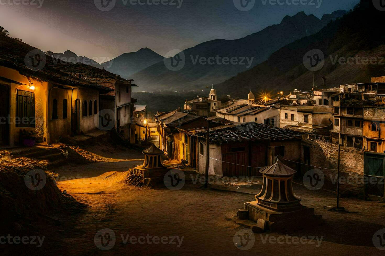 a village at dusk in the mountains. AI-Generated photo
