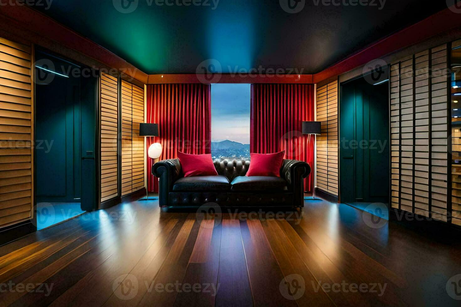 a room with a couch and red curtains. AI-Generated photo