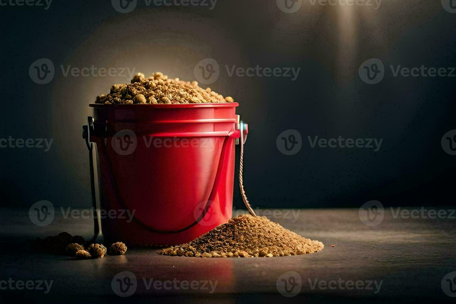 a bucket filled with sugar on a dark table. AI-Generated photo