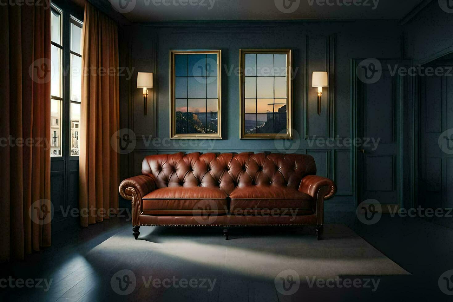 a leather couch in a dark room with two windows. AI-Generated photo