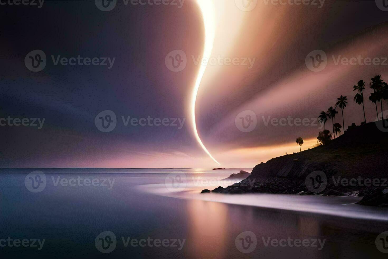 a long exposure photograph of a long line of light coming from the ocean. AI-Generated photo