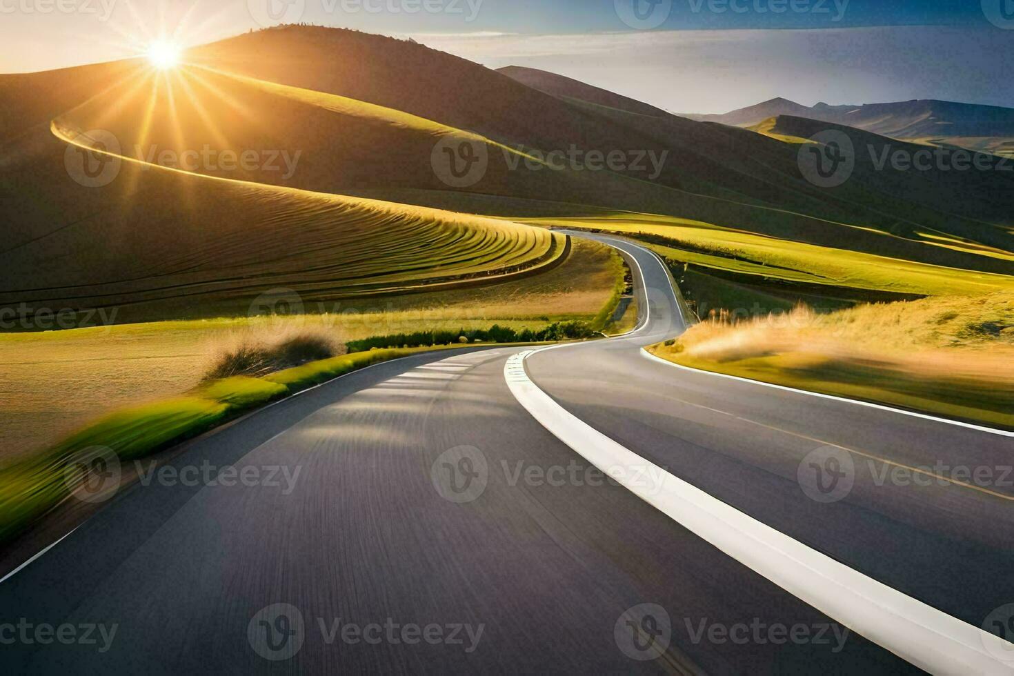a road in the mountains with the sun setting. AI-Generated photo