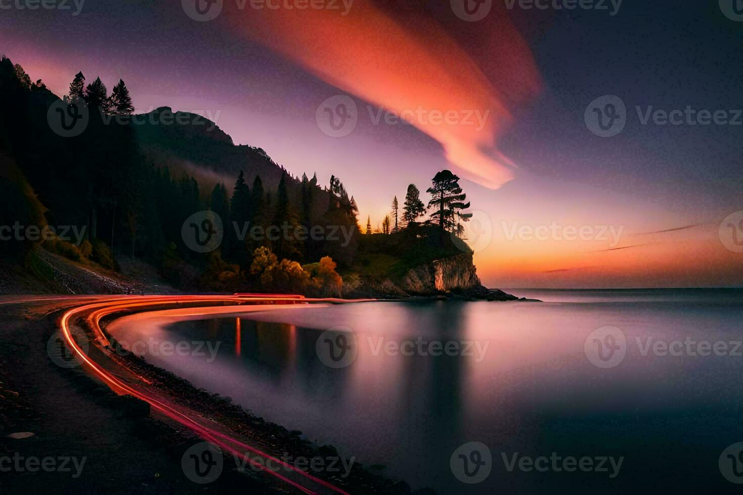 a long exposure photograph of a road and a lake at sunset. AI-Generated photo
