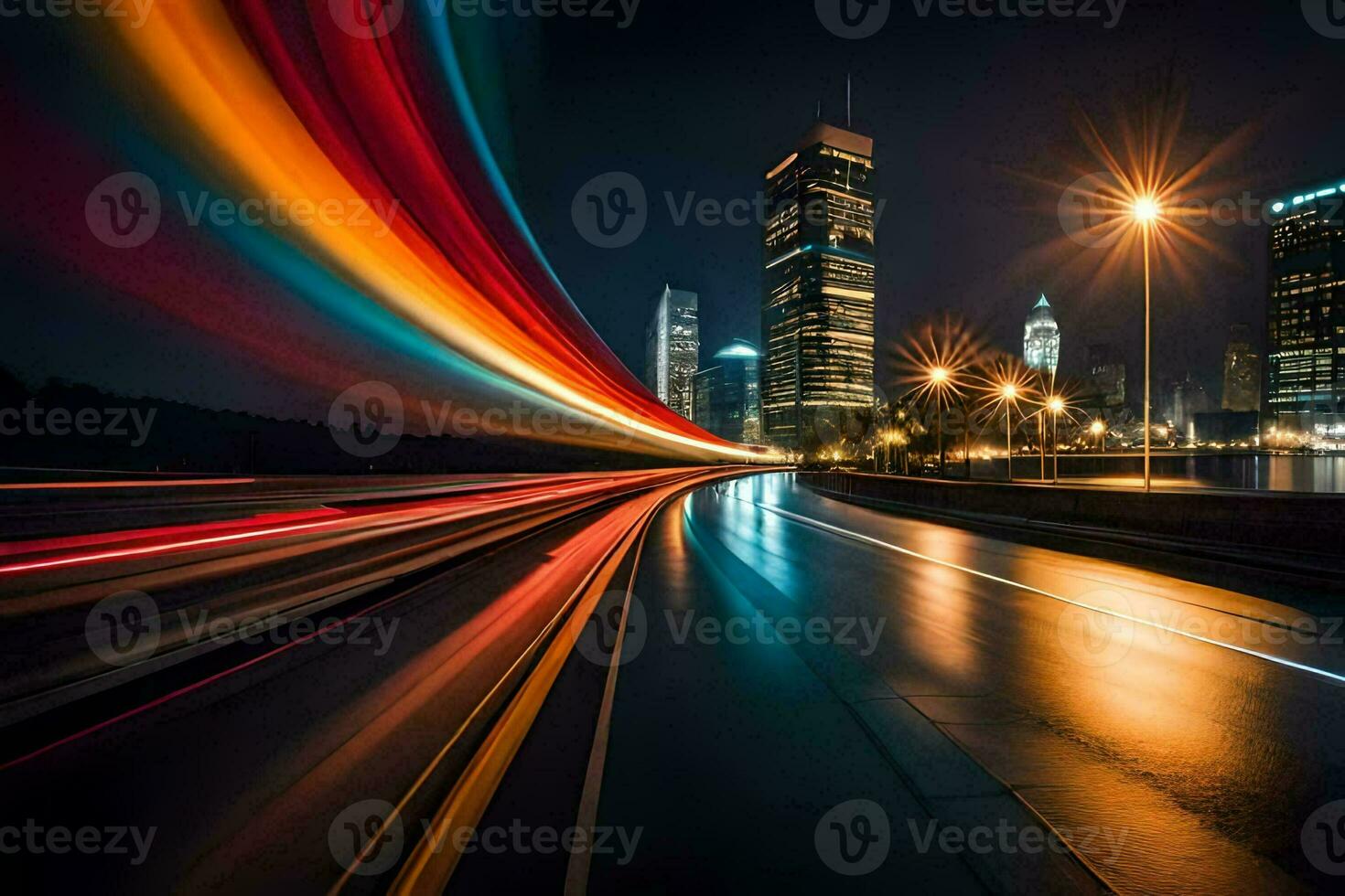 a long exposure photograph of a city at night. AI-Generated photo