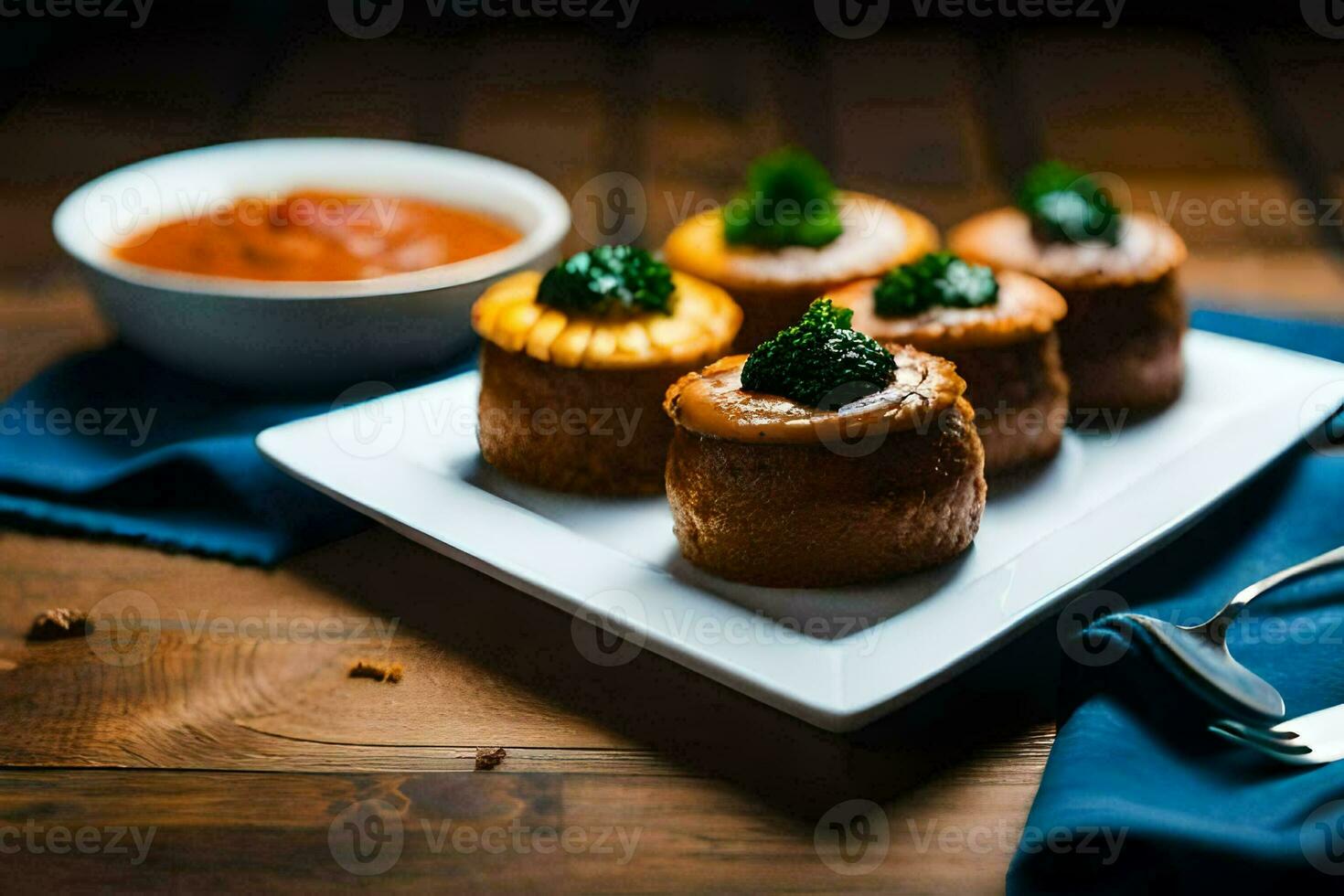 a plate with four mini cakes on it. AI-Generated photo