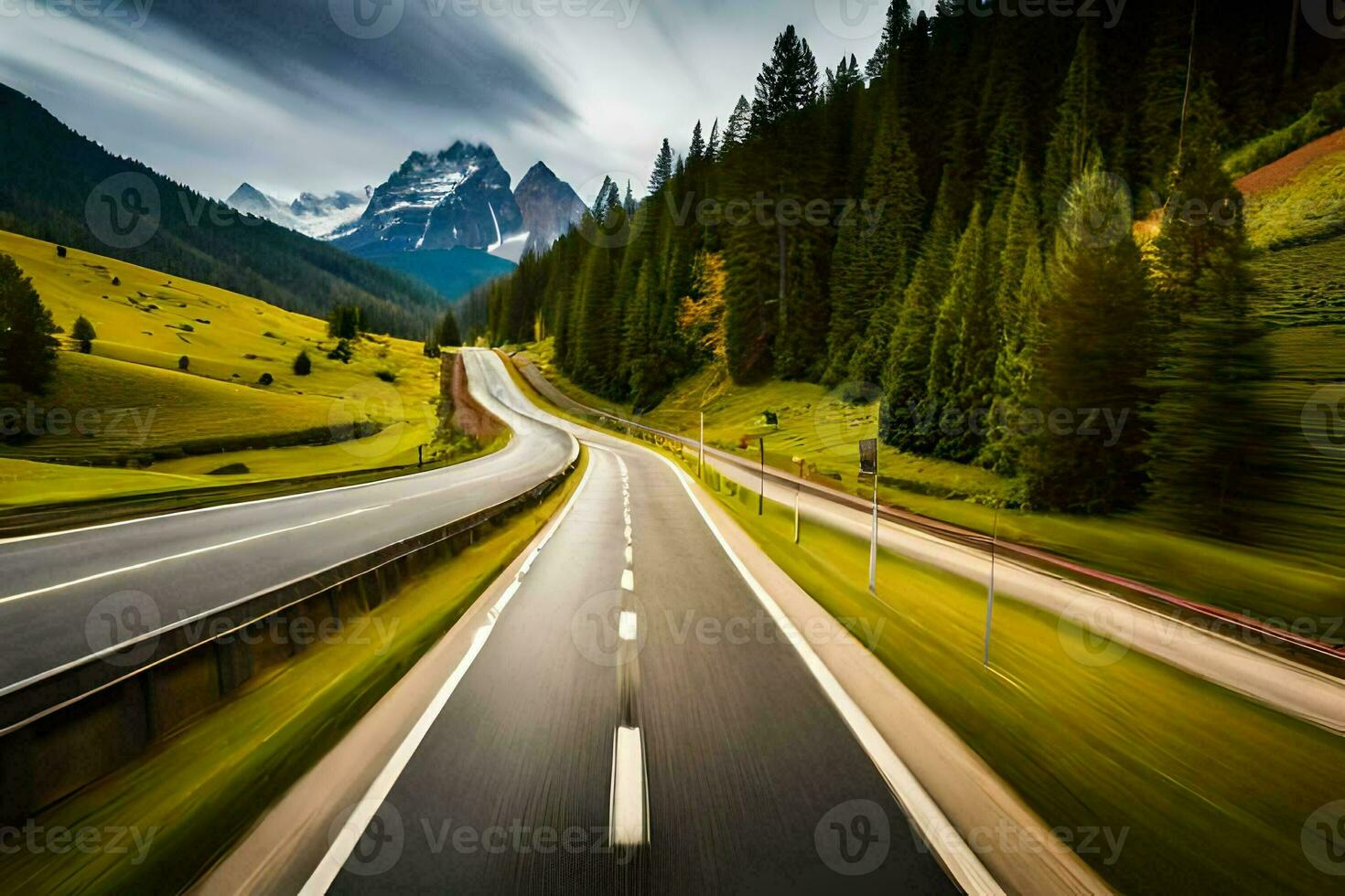 a long exposure photograph of a road in the mountains. AI-Generated photo