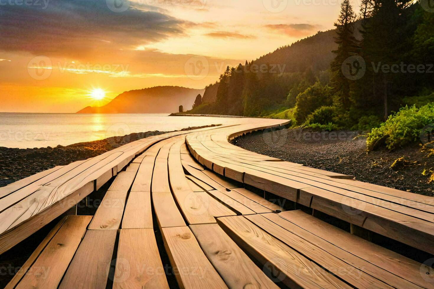 a wooden boardwalk leads to the ocean at sunset. AI-Generated photo