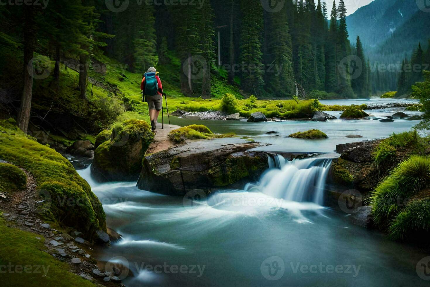 a man with a backpack is standing on a rock in front of a river. AI-Generated photo