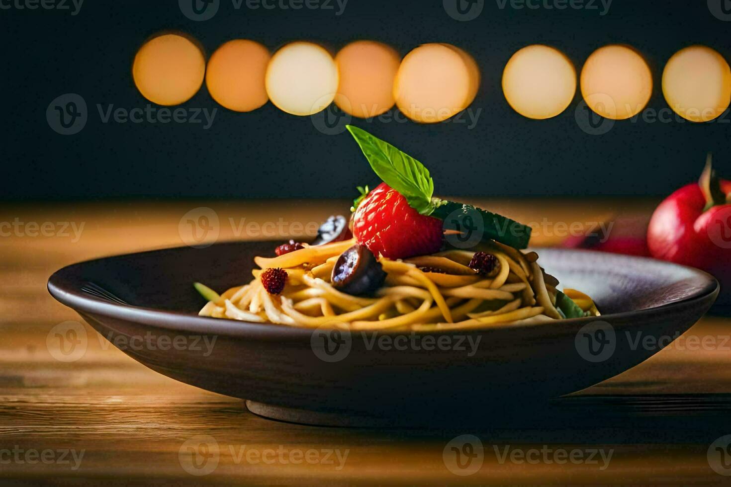 a bowl of pasta with berries and leaves on a wooden table. AI-Generated photo
