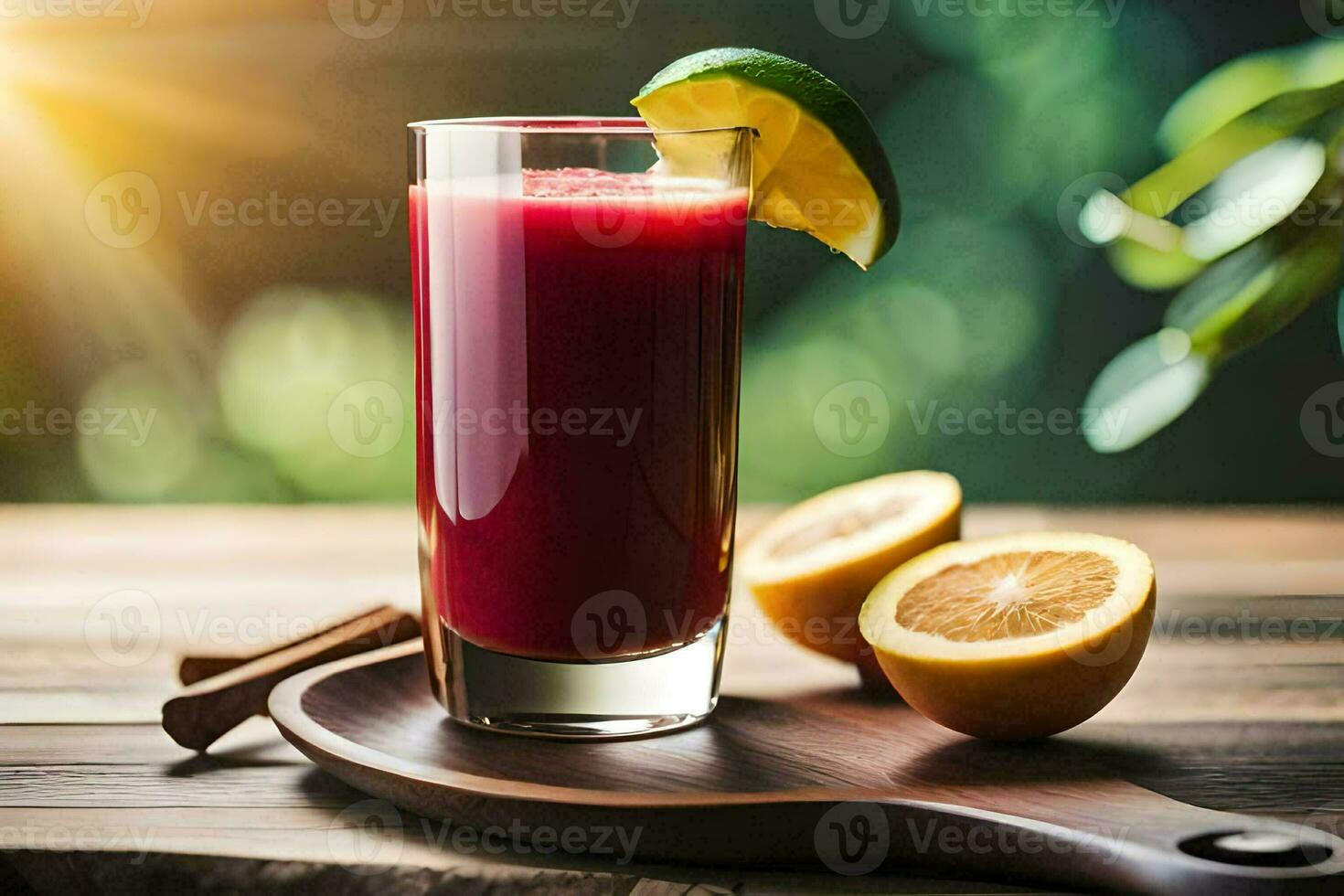 a glass of juice with a slice of lemon and a slice of lime. AI-Generated photo