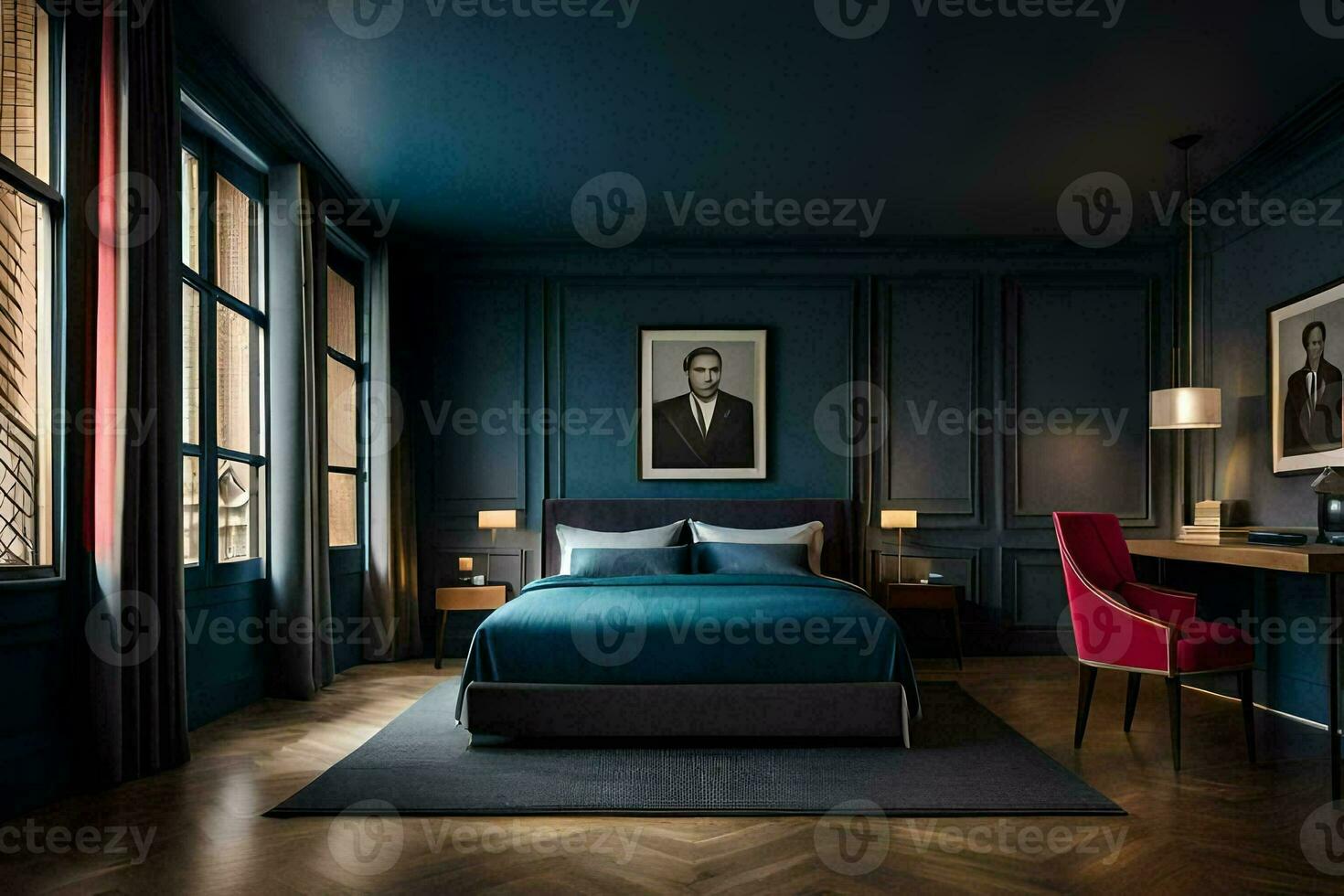 un dormitorio con azul paredes y un cama. generado por ai foto
